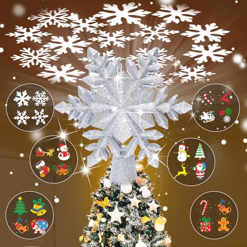 Silver 3D Glitter Christmas Tree Topper with LED Rotating Lights F457326