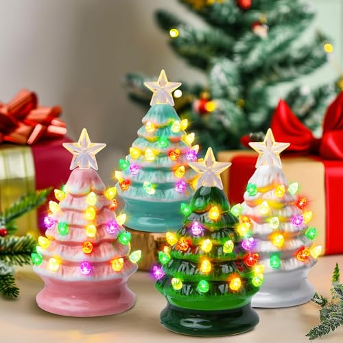 5 Inch Mini Ceramic Christmas Tree Set - 4 Pack Pre-lit Tabletop with Multicolored LED Lights Y881548