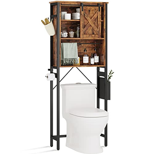 Itaar Over The Toilet Storage Cabinet, Farmhouse Bathroom Storage, 4-Tier Bathroom Shelves, Over Toilet Bathroom Organizer with Storage Bag and Hooks, Vintage White