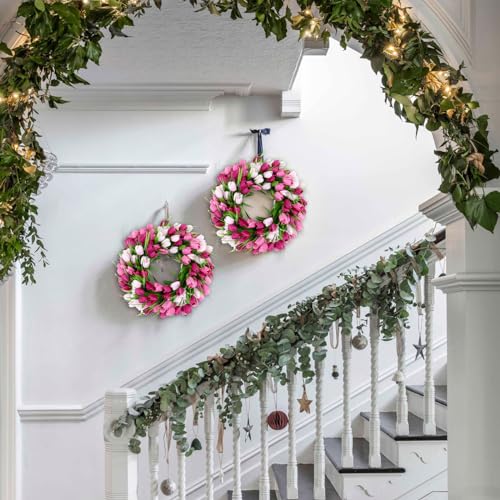 20 Inch Tulip Wreath with Green Leaves for Front Door Spring Summer Decor U733613