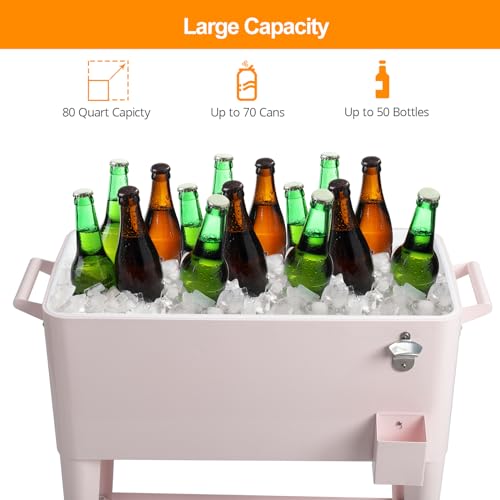 80 Quart Rolling Ice Chest on Wheels, Portable Drink Cooler Cart with Shelf G157