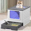Foldable Cat Litter Box with UV, Enclosed Plastic Cat Litter Box with Handy Litter Scoop, Top Exit Anti-Splashing Cat Toilet, Drawer Type Cat Toilet (Light Gray)