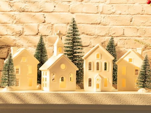 7PCS Christmas Village Sets - 3 LED Lighted Ceramic Houses with Remote & 4 Trees D535