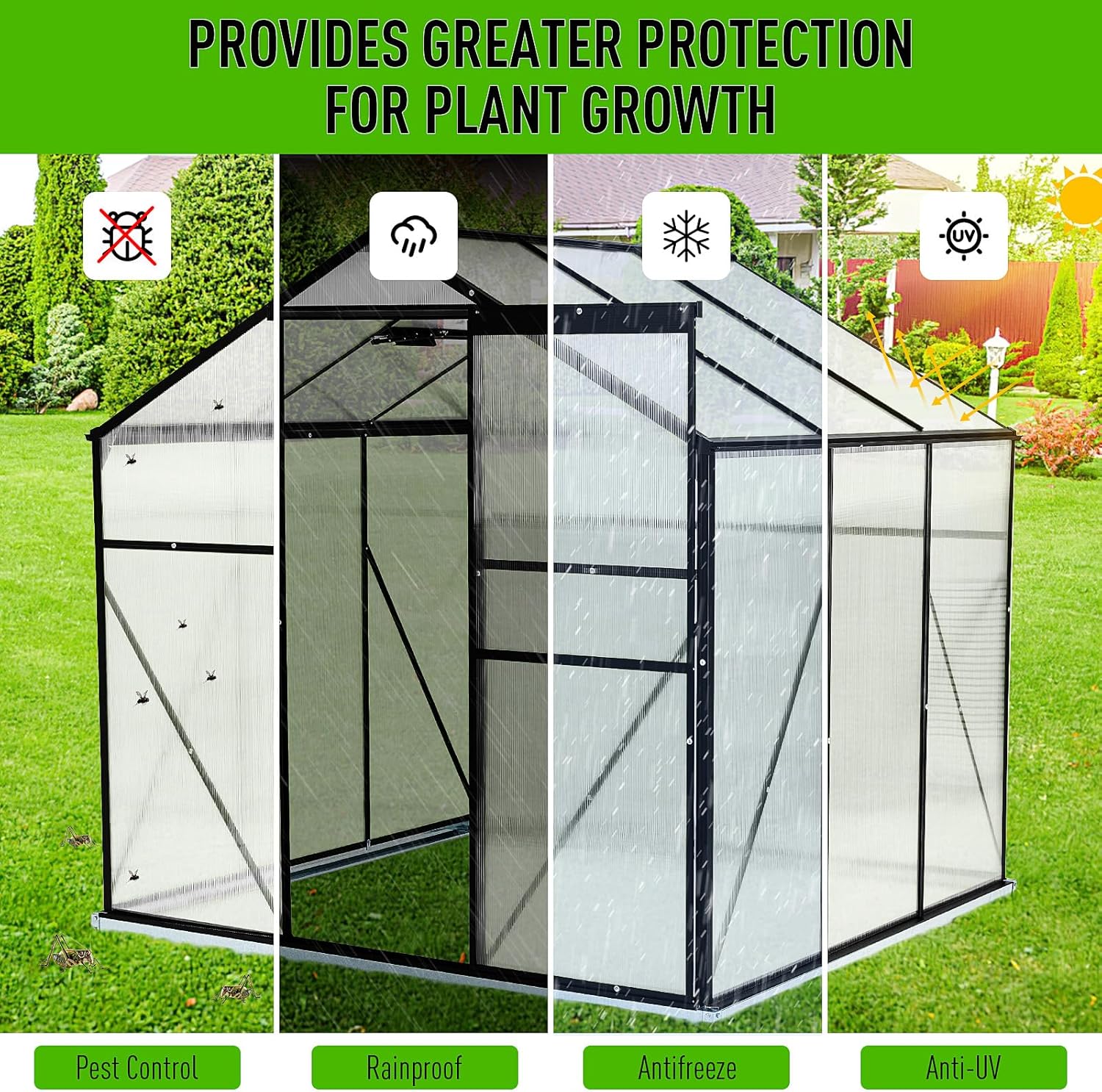 10x6 FT Polycarbonate Greenhouse with Sliding Door and Adjustable Vent Window J403189