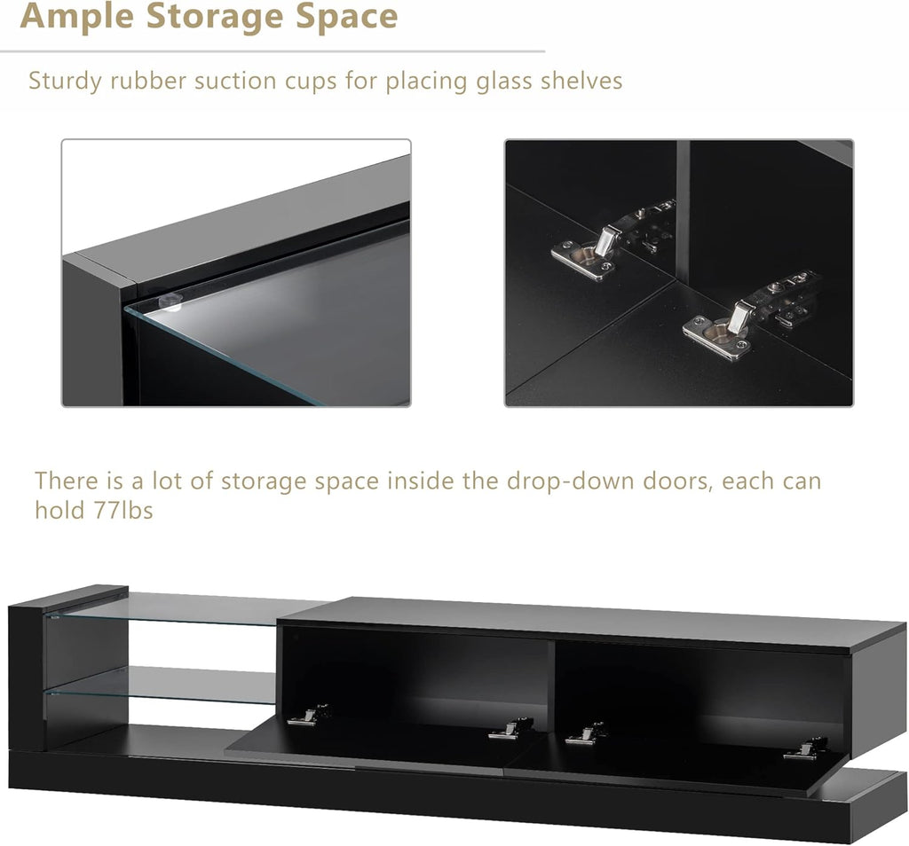 High Gloss TV Stand with LED Lights and 2 Media Storage Cabinets for 75 Inch TV U5066