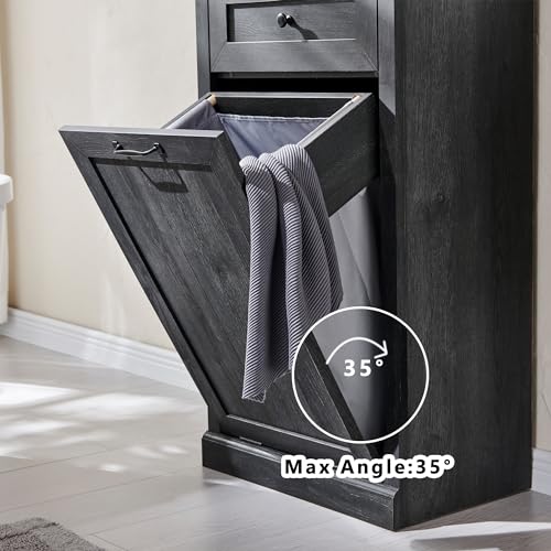 Tilt Out Trash Cabinet with Barn Door, 10 Gallon Garbage Bin and Storage Basket, Dark Grey N60405