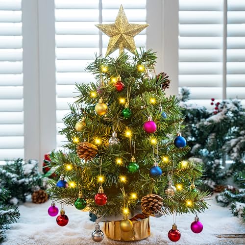 24" Mini Christmas Tree Tabletop Set with LED Lights and Star Treetop Z113832