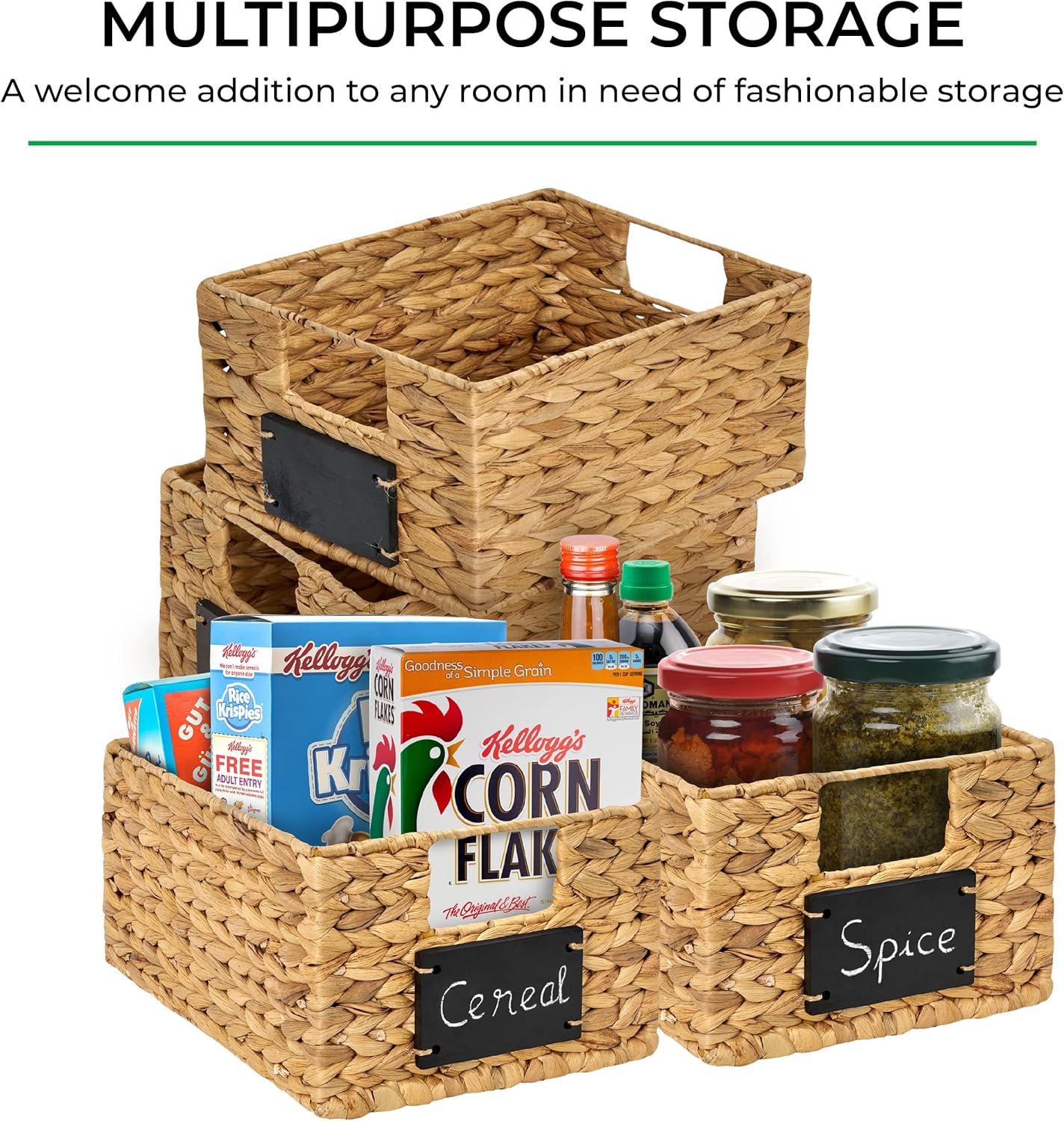 Natural Water Hyacinth Woven Storage Baskets, Rectangular Wicker Basket with Handles, Set of 6 E51316