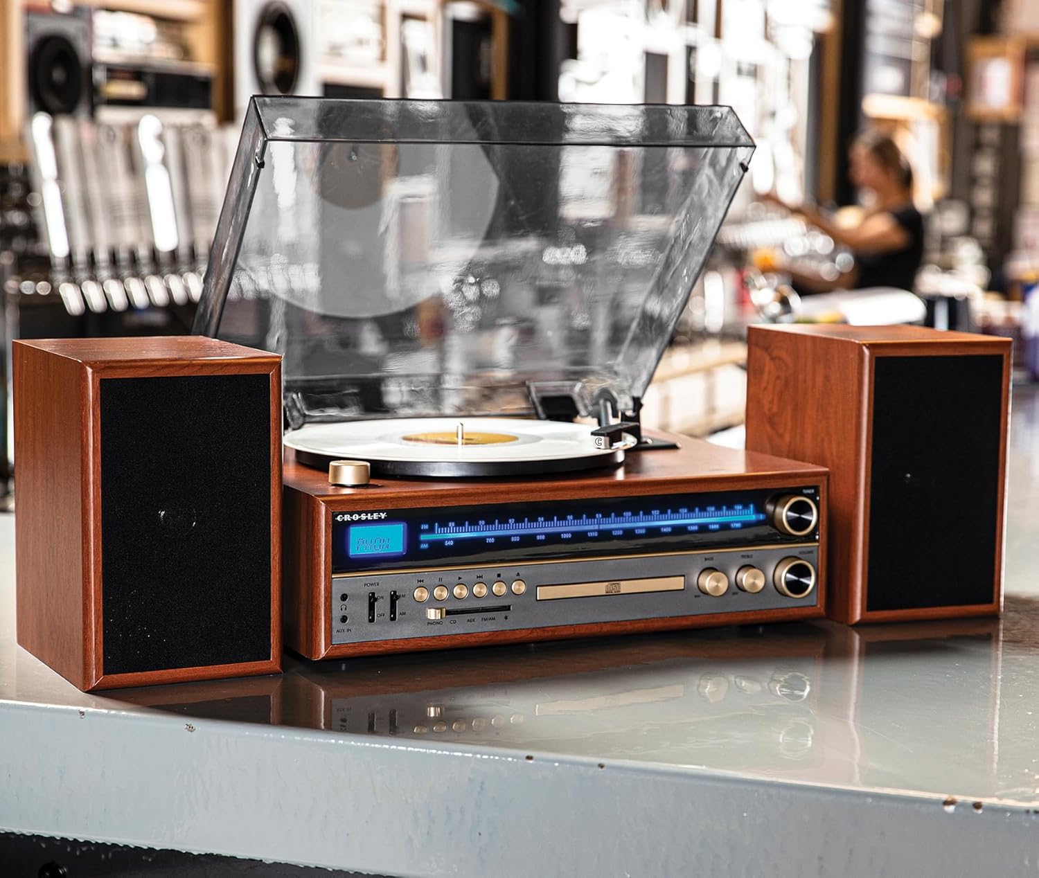 Turntable System with Bluetooth, CD, AM/FM and Speakers, Walnut S1743