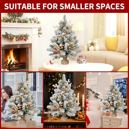 Flocked Artificial Mini Christmas Tree with Lights, Tabletop Decor W784363