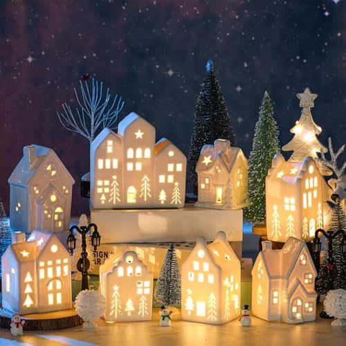 Ceramic Christmas Village Set with LED Houses and Trees X56634