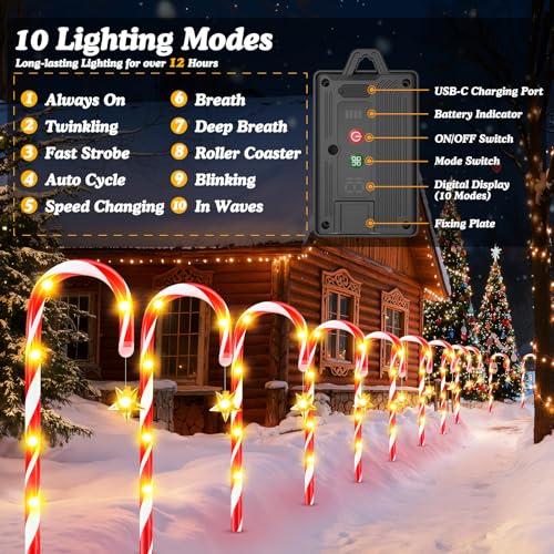 24-Pack Solar Christmas Candy Cane Lights, Waterproof Outdoor Pathway Decor with 10 Modes A146044