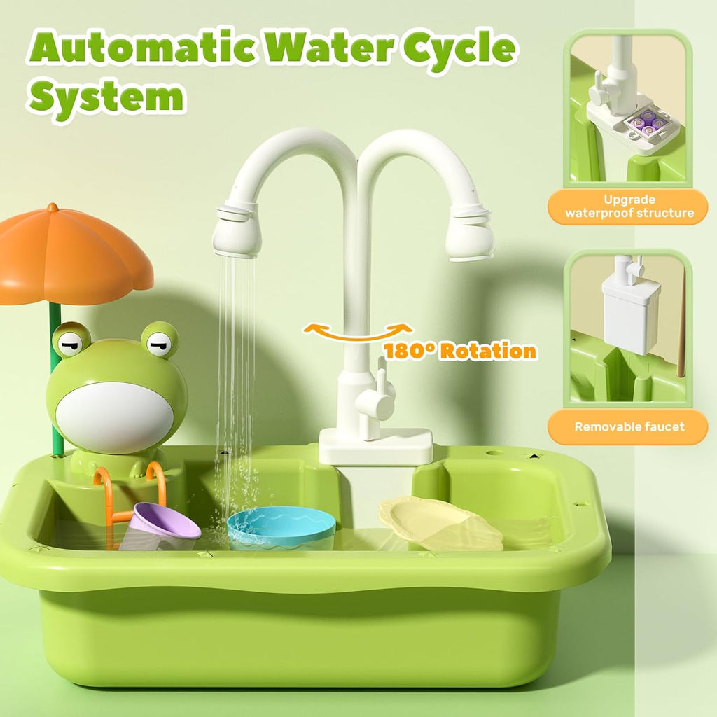 Play Sink with Running Water, Kitchen Sink Toys with Electric Faucet, Kids Pots and Pans Set with Play Food and Storage Basket C7518