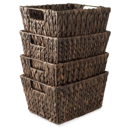 Water Hyacinth Storage Baskets with Handles, Woven Rectangular Bins for Shelves and Laundry E41269