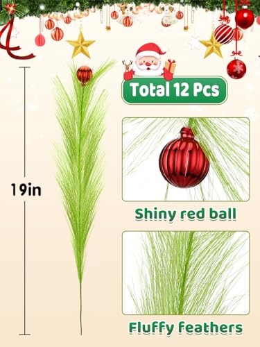Lime Green Fluffy Curly Christmas Tree Picks with Red Ball, 8 Pieces P907332