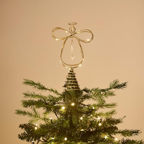 Lighted Christmas Tree Topper Angel with Timer, 10 Inch Pre-Lit Gold Metal V305