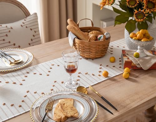 Christmas Table Runner 13 x 90 Inch Cotton Woven with Tassels Red and Beige B398787