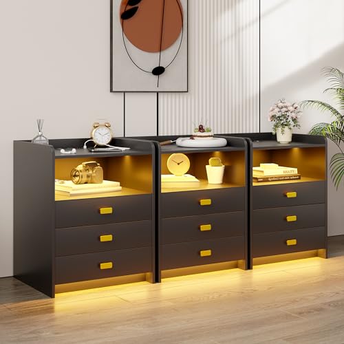 Nightstand with Charging Station, LED Night Stand with 24 Colors, 3 Drawers and Open Storage, USB Ports for Bedroom, White R1651