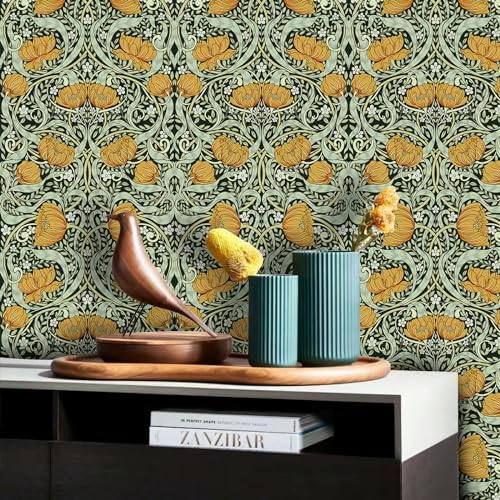 Peel and Stick Wallpaper, Vintage Floral Green Wall Mural, Removable Pre-Pasted D310