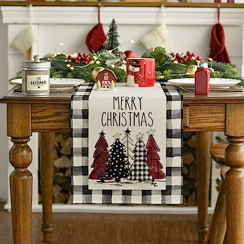 Buffalo Plaid Christmas Trees Table Runner, Winter Holiday Kitchen Dining Decor, 13 x 108 Inch D48516