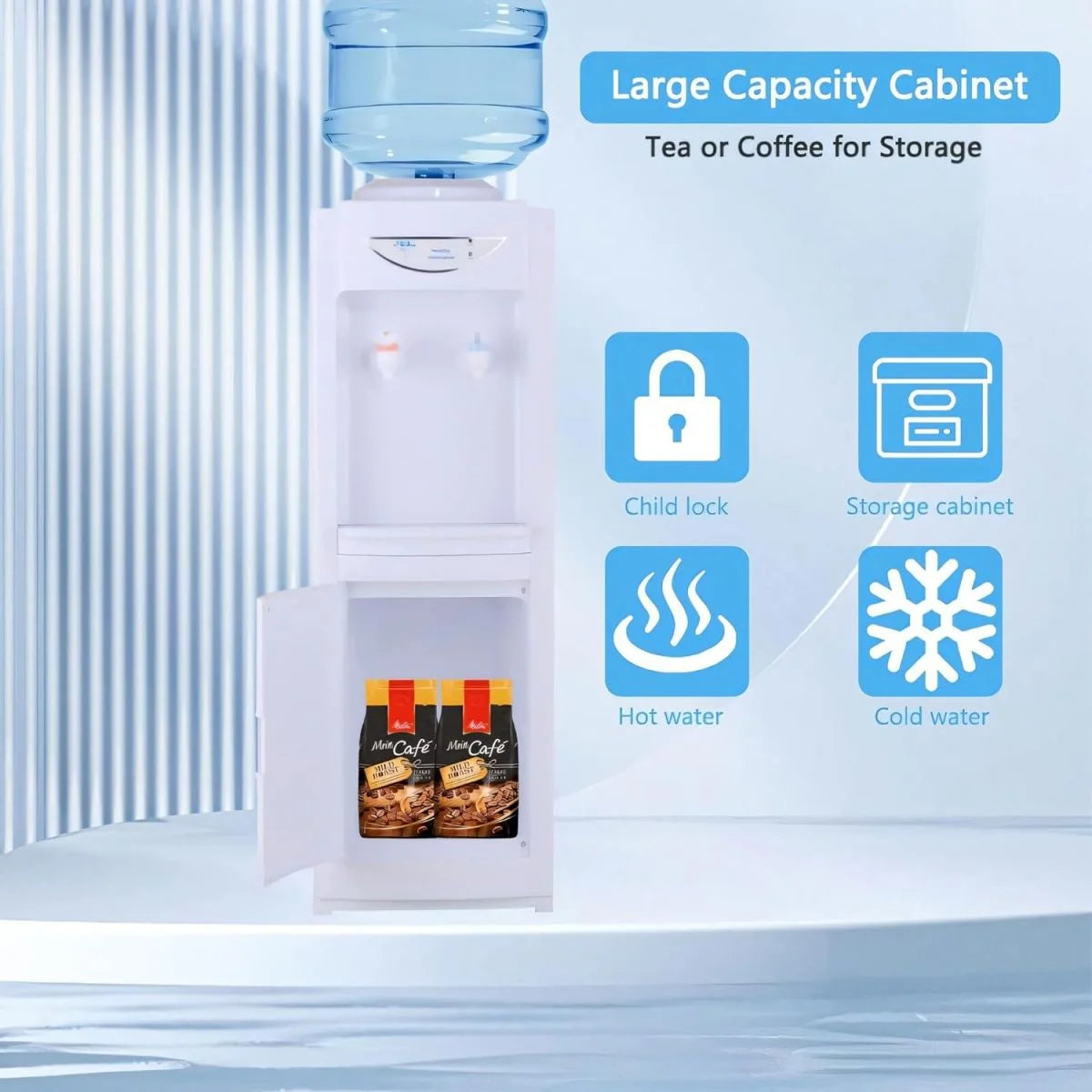 Water Cooler Dispenser for 5 Gallon Bottle, Top Loading, Hot and Cold, with Storage Cabinet V956117