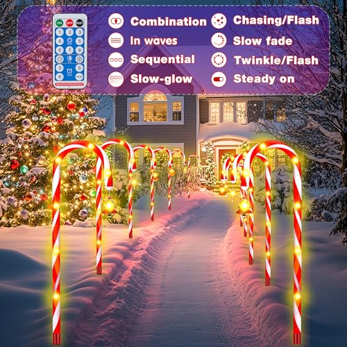 Solar Candy Cane Lights, 12-Piece Outdoor Christmas Pathway Set, 8 Modes L8801