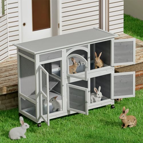Rabbit Hutch Outdoor 2 Story Bunny Cage with Wheels and Removable Trays F1676
