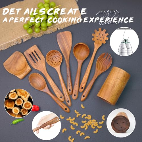 Natural Teak Wooden Spoons for Cooking, 10-Piece Kitchen Utensil Set I607645