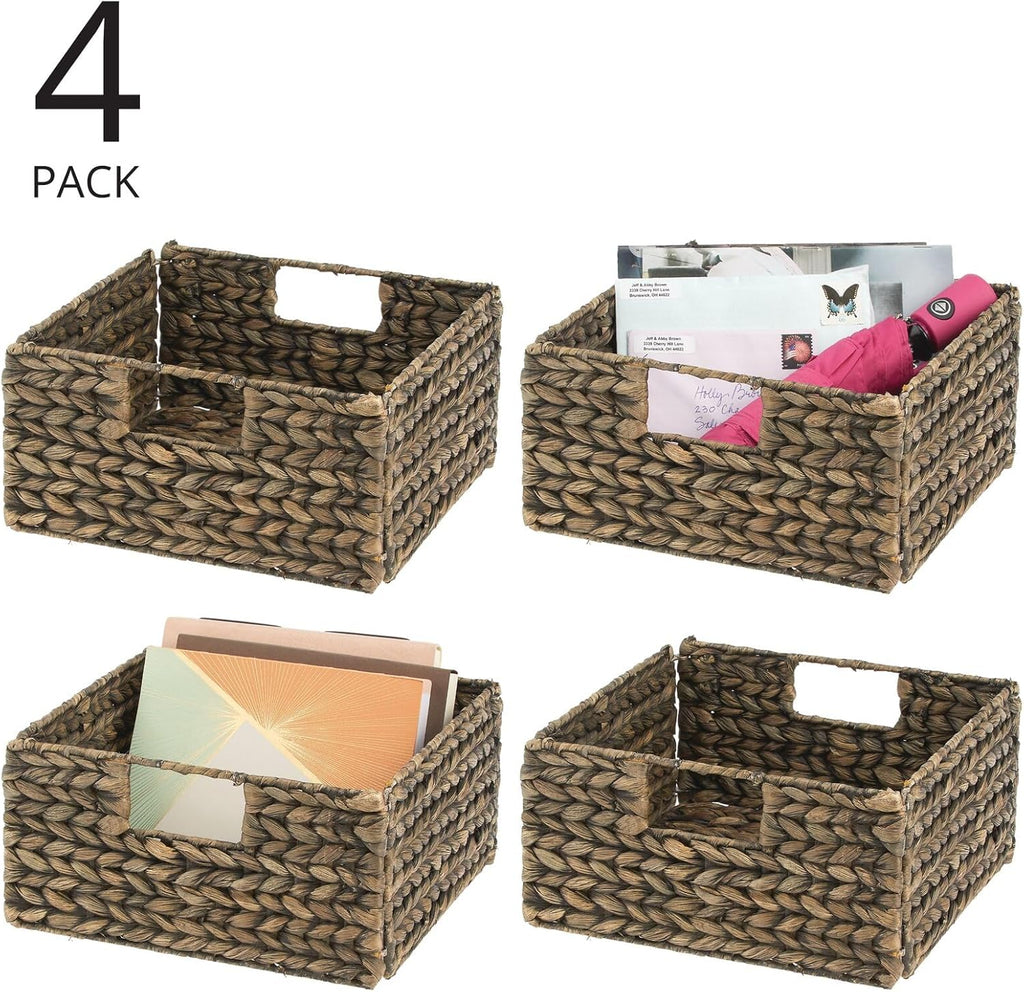 Woven Hyacinth Storage Bin Basket Organizer with Handles, Foldable Square Bins, 4 Pack, Brown Wash F786