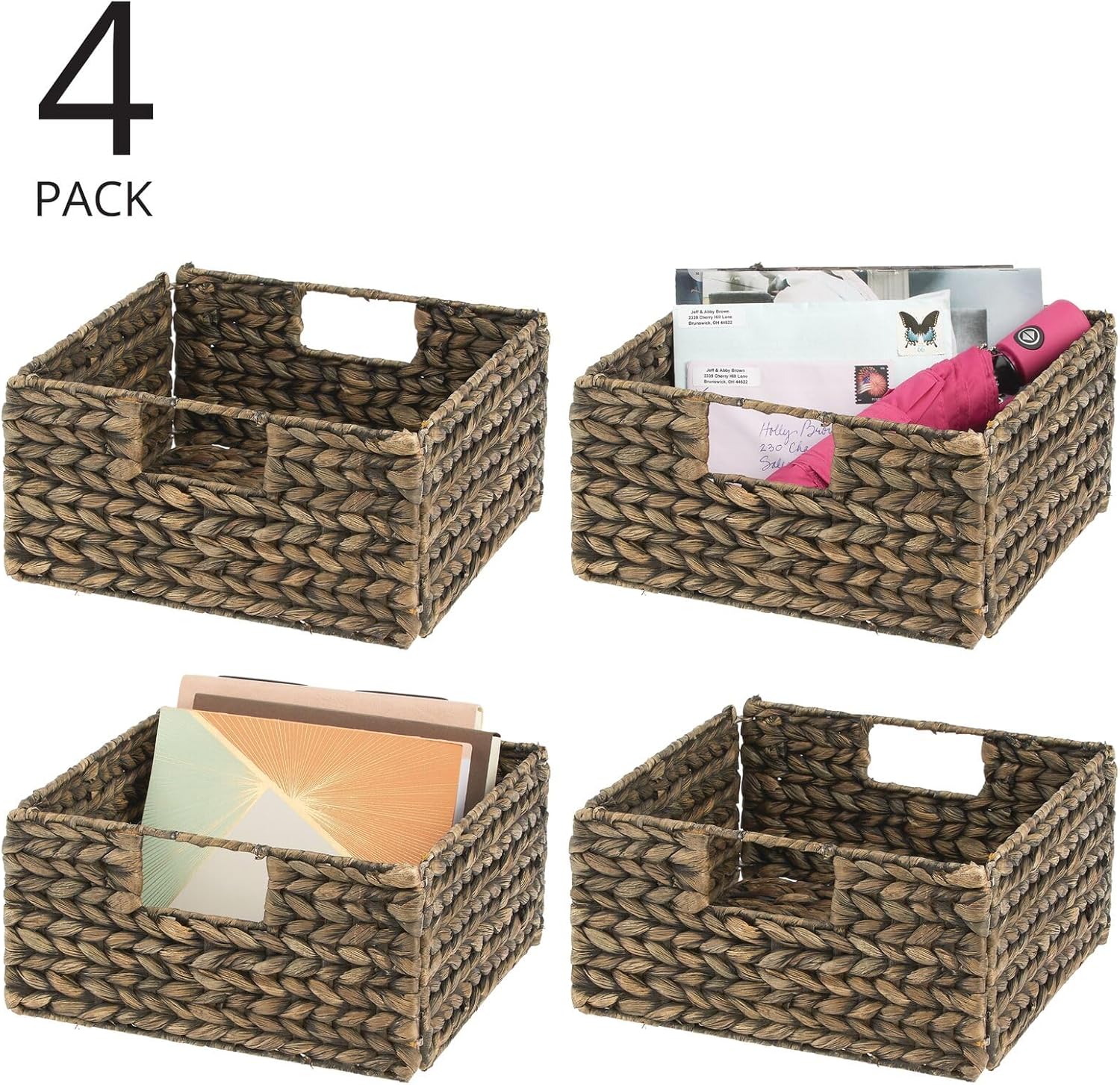 Woven Hyacinth Storage Bin Basket Organizer with Handles, Foldable Square Bins, 4 Pack, Brown Wash F786