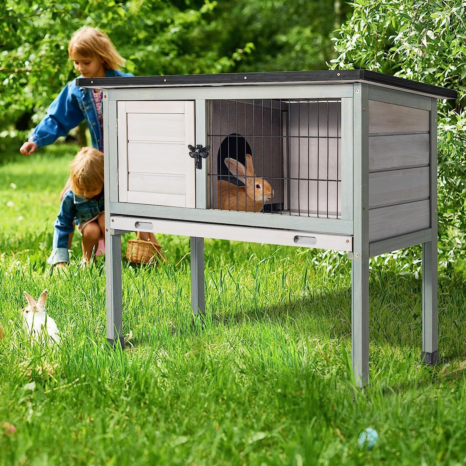 Elevated Wooden Rabbit Hutch with Openable Roof and Pull-Out Tray K1938