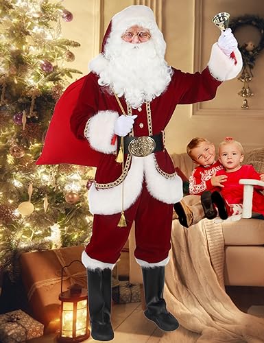 Men's Deluxe Santa Claus Costume 11pcs Red Christmas Outfit X313210