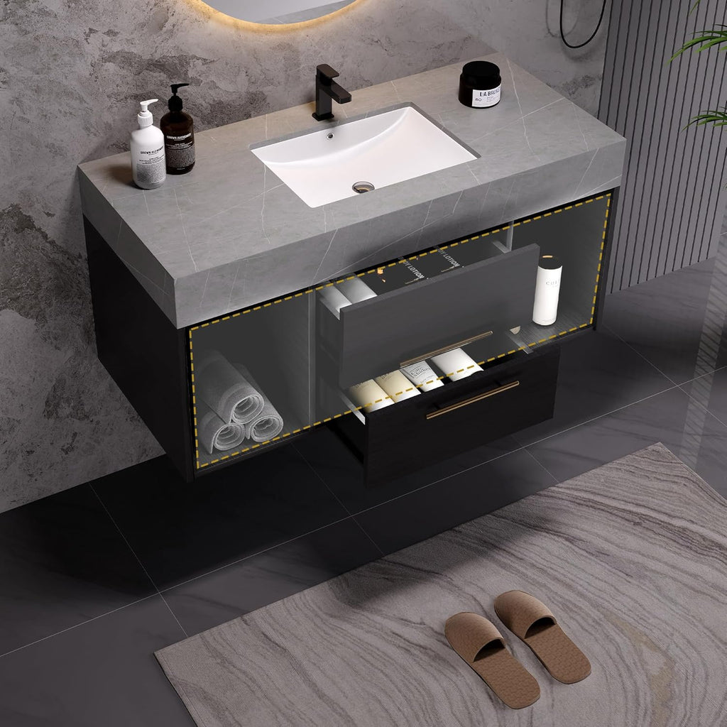 Bathroom Vanity with Sink, 39.4 Inches, Floating Design, 2 Cabinets, 2 Drawers T322486