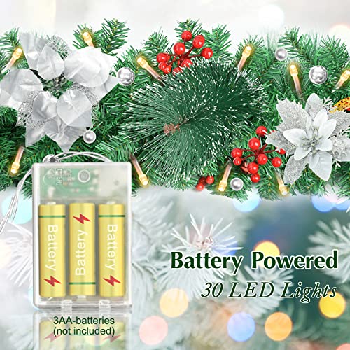 Pre-lit Christmas Garland with LED Lights, Red Flowers and Berries Y488109