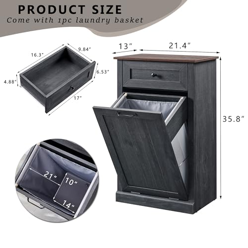 Tilt Out Trash Cabinet with Barn Door, 10 Gallon Garbage Bin and Storage Basket, Dark Grey N60405