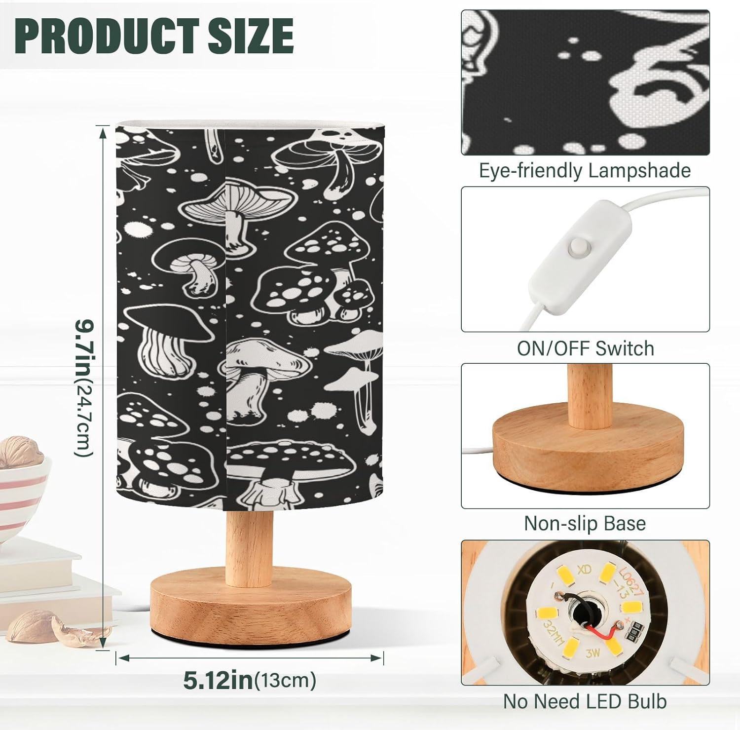 Mushroom Bedside Table Lamp with USB Port, Eye-Care LED Reading Light D8693