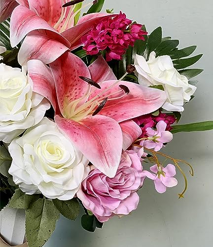 Artificial Cemetery Flowers for Grave Vase, Silk Lily and Rose Arrangement V976894