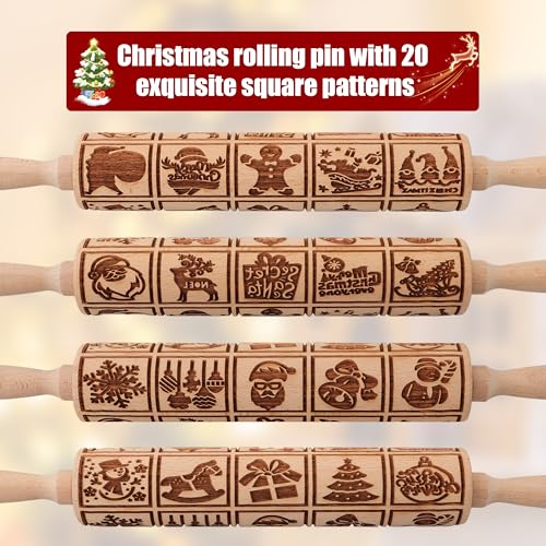 17" Wooden Rolling Pin for Baking with Christmas Embossed Designs, 3mm Deep Cookie Molds, Includes Cleaning Brush L8431