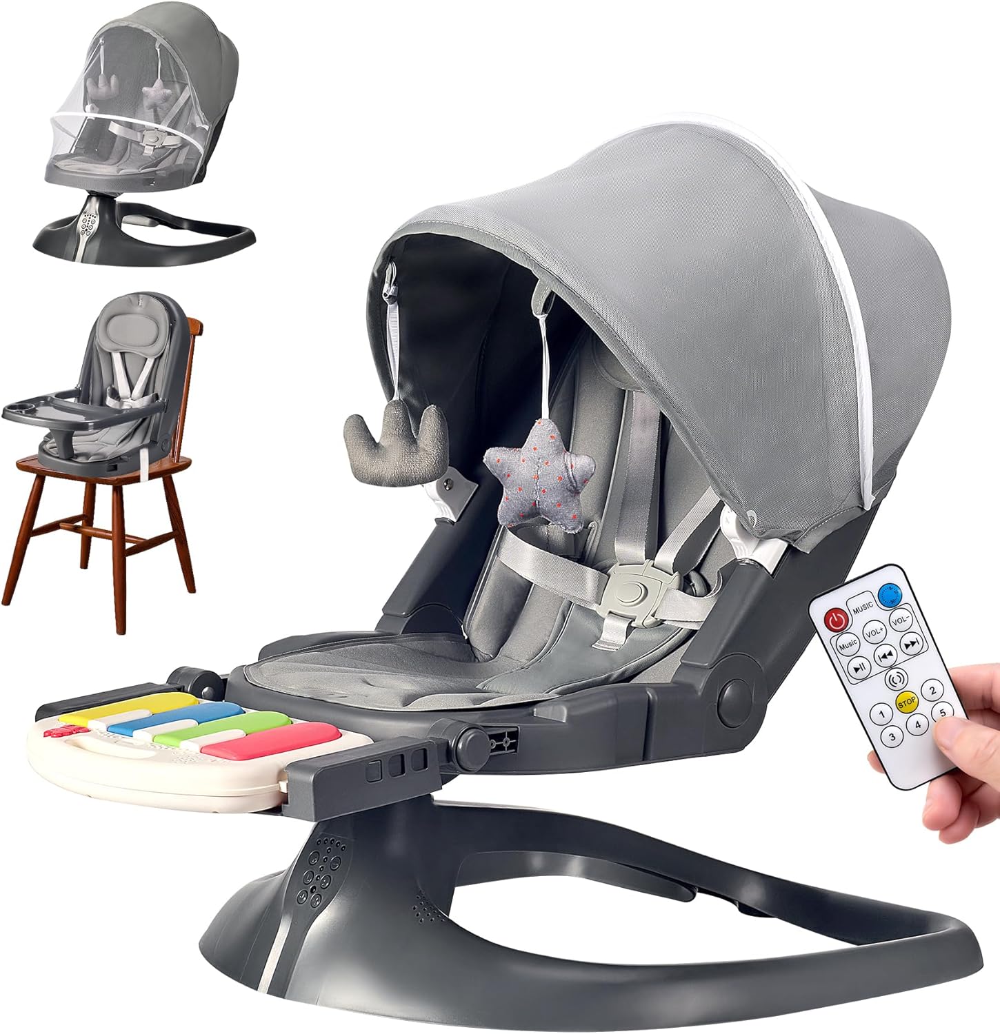 Baby Swings for Infants, Electric Portable Detachable Baby Swing Newborn, 2 in 1 - Baby Booster, Infant Swing with Pedal Piano, 5 Natural Sway Speeds and 3 Recline Positions