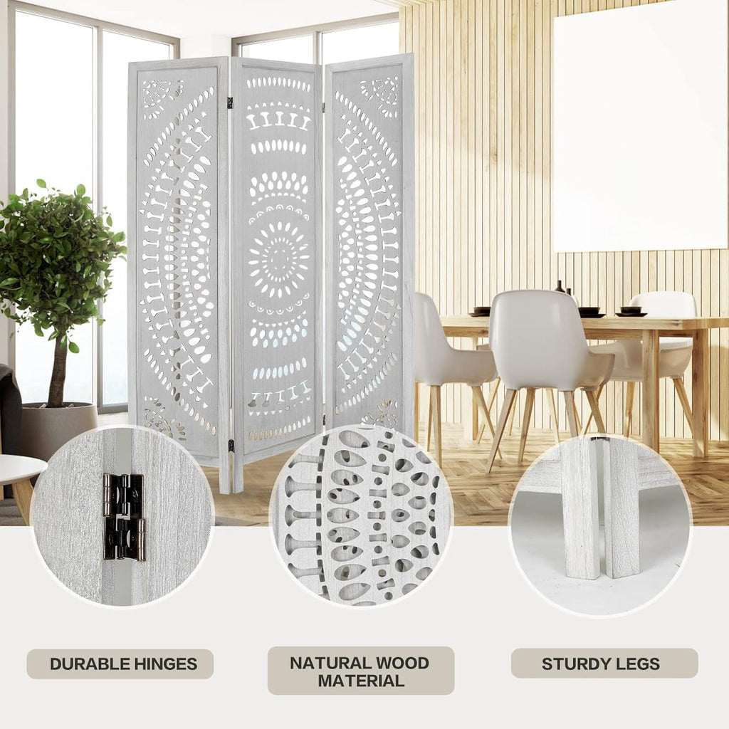 3 Panel Carved Wood Room Divider, 5.6ft Tall Folding Privacy Screen, White V742056