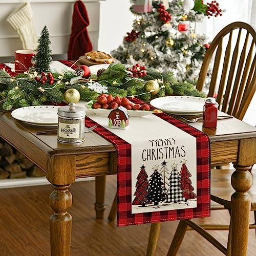 Buffalo Plaid Christmas Trees Table Runner, Winter Holiday Kitchen Dining Decor, 13 x 108 Inch D48516