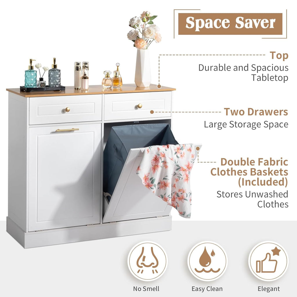 Kitchen Trash Can Cabinet with Drawer and Laundry Hamper, 2 Doors 2 Drawers, White T31625