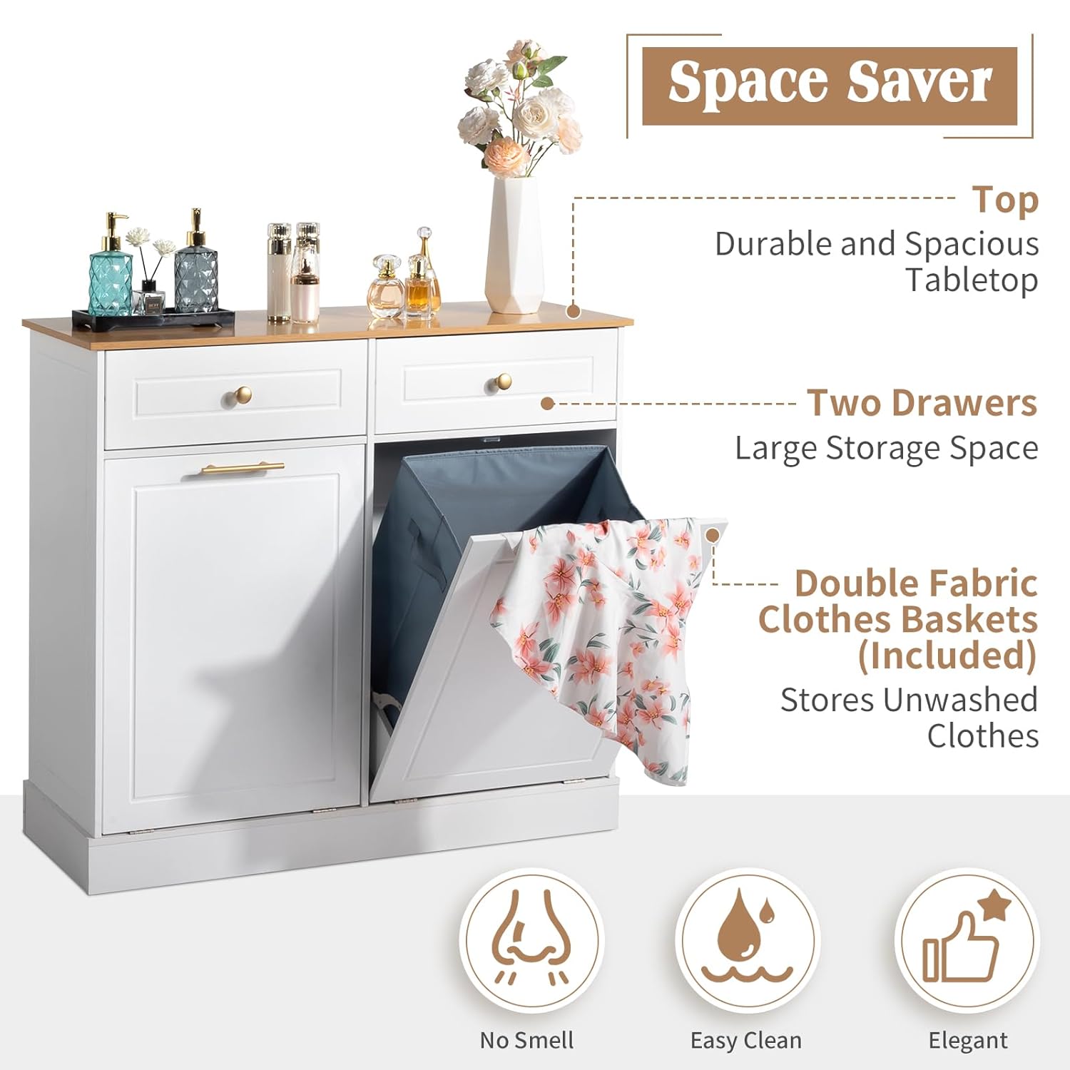 Kitchen Trash Can Cabinet with Drawer and Laundry Hamper, 2 Doors 2 Drawers, White T31625