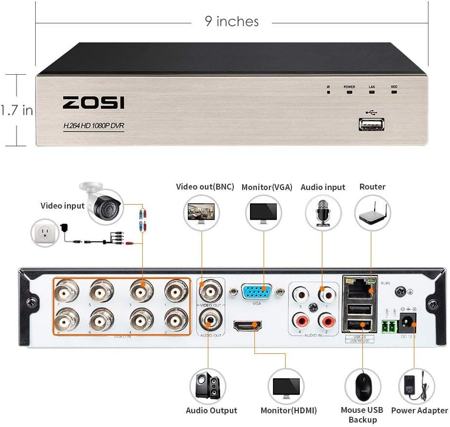 Home Security Camera System 8 Channel 1080P DVR with 4 Dome Cameras O663