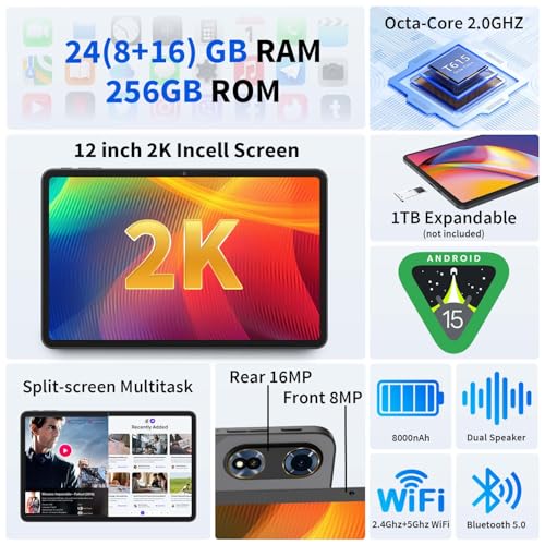 12 Inch Android Tablet with Keyboard, 24GB RAM, 256GB Storage, 2K Display J343