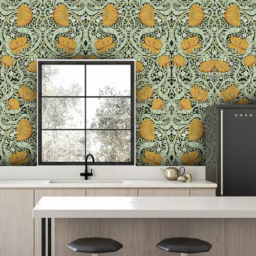 Peel and Stick Wallpaper, Vintage Floral Green Wall Mural, Removable Pre-Pasted D310