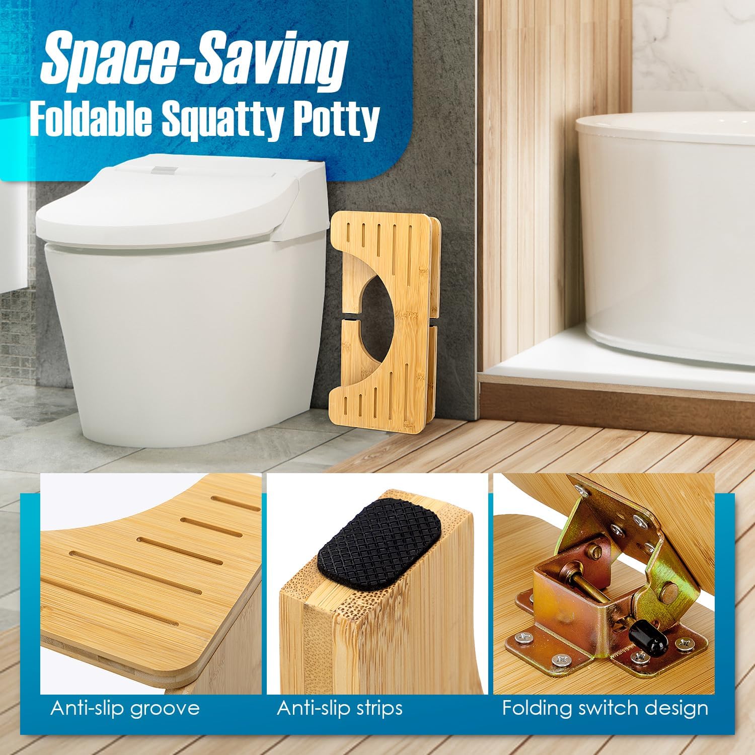 Foldable Bamboo Toilet Squat Stool with Non-Slip Pads I718