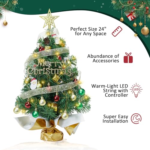 Mini Christmas Tree with 50 LED Lights, 24 Inch Tabletop Prelit Artificial Tree U511