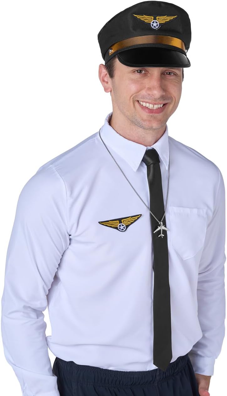 Airline Pilot Captain Costume Kit, 5 PCS Dress Up Accessory Set with Sunglasses, Tie, Hat, Wings Patch and Necklace H4159