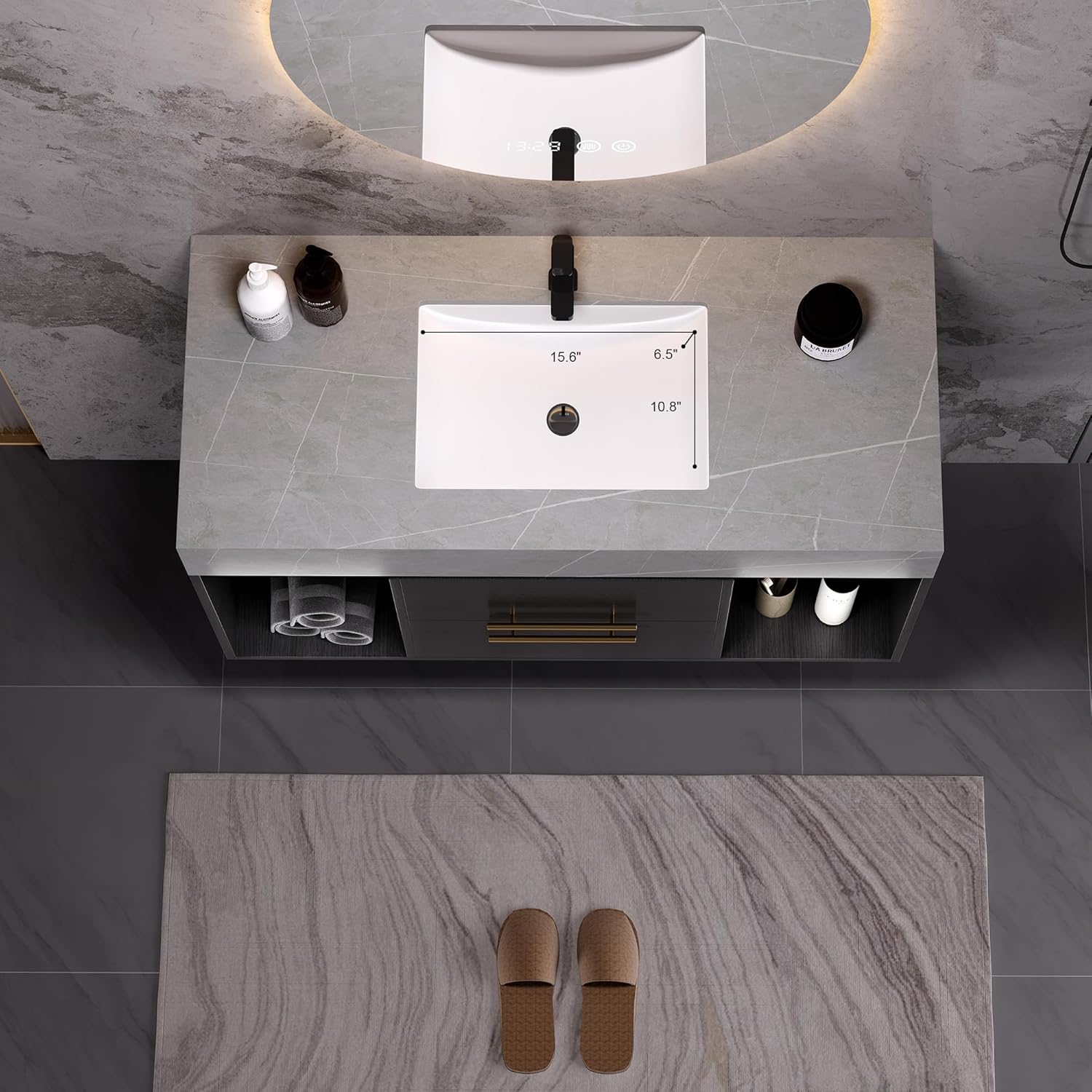 Bathroom Vanity with Sink, 39.4 Inches, Floating Design, 2 Cabinets, 2 Drawers T322486